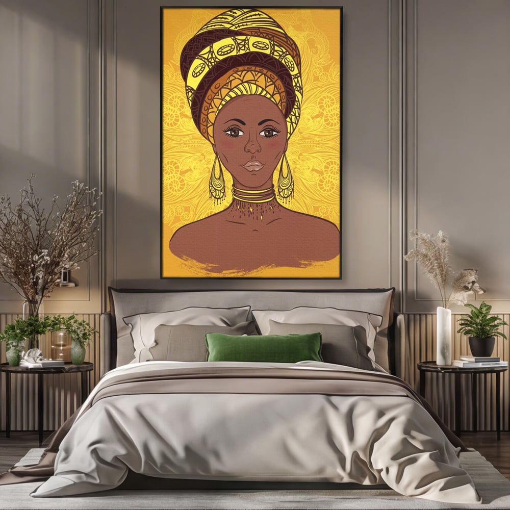 Tablou canvas cu ilustratie digitala cu femeie africana, in rama de aluminiu negru, pe perete intr-un dormitor